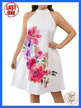 Plus Size Floral Print Halter Dress with Tie Back Summer Vacation